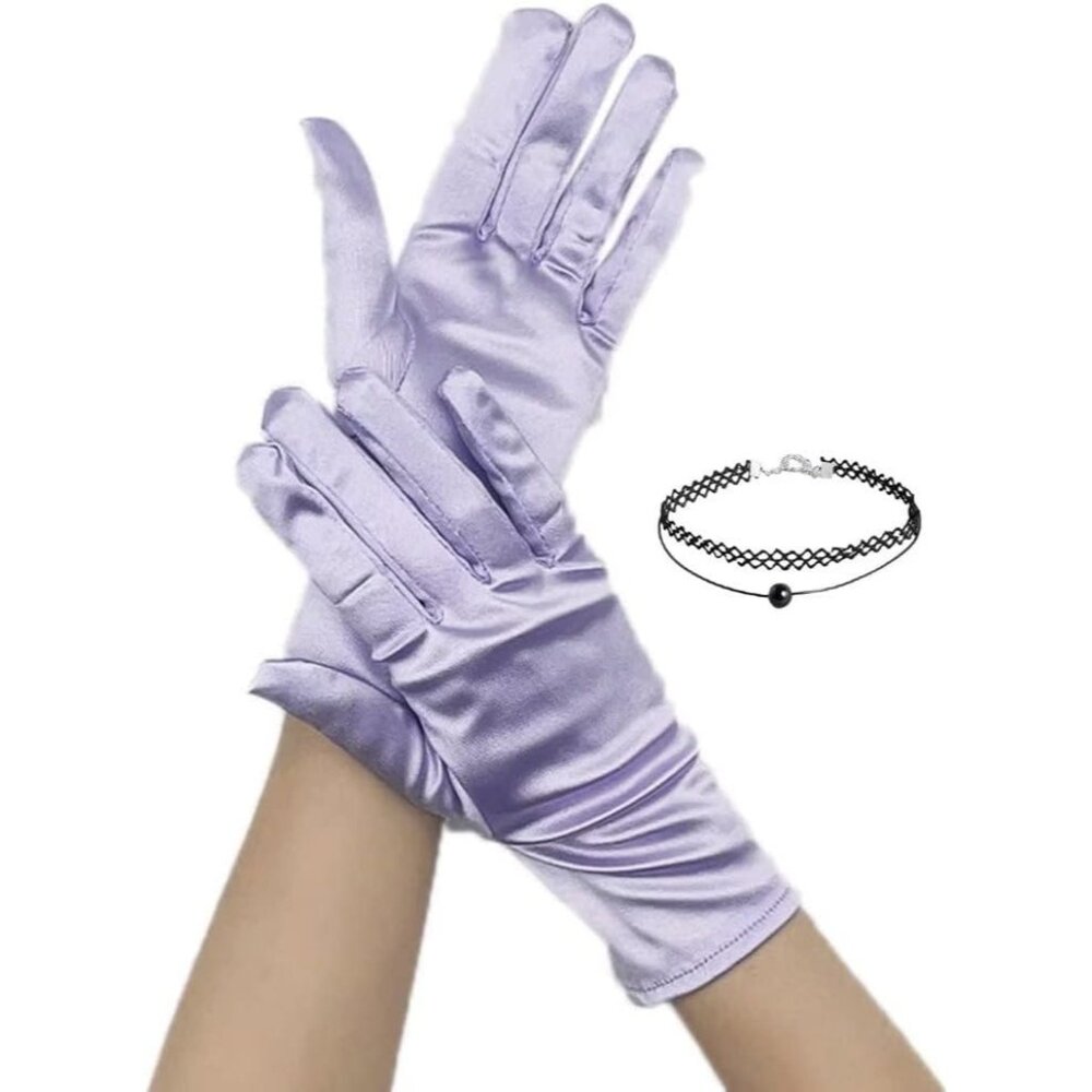 Women's Lavender Evening Satin Lace Gloves Choker Necklace Wedding Party Prom